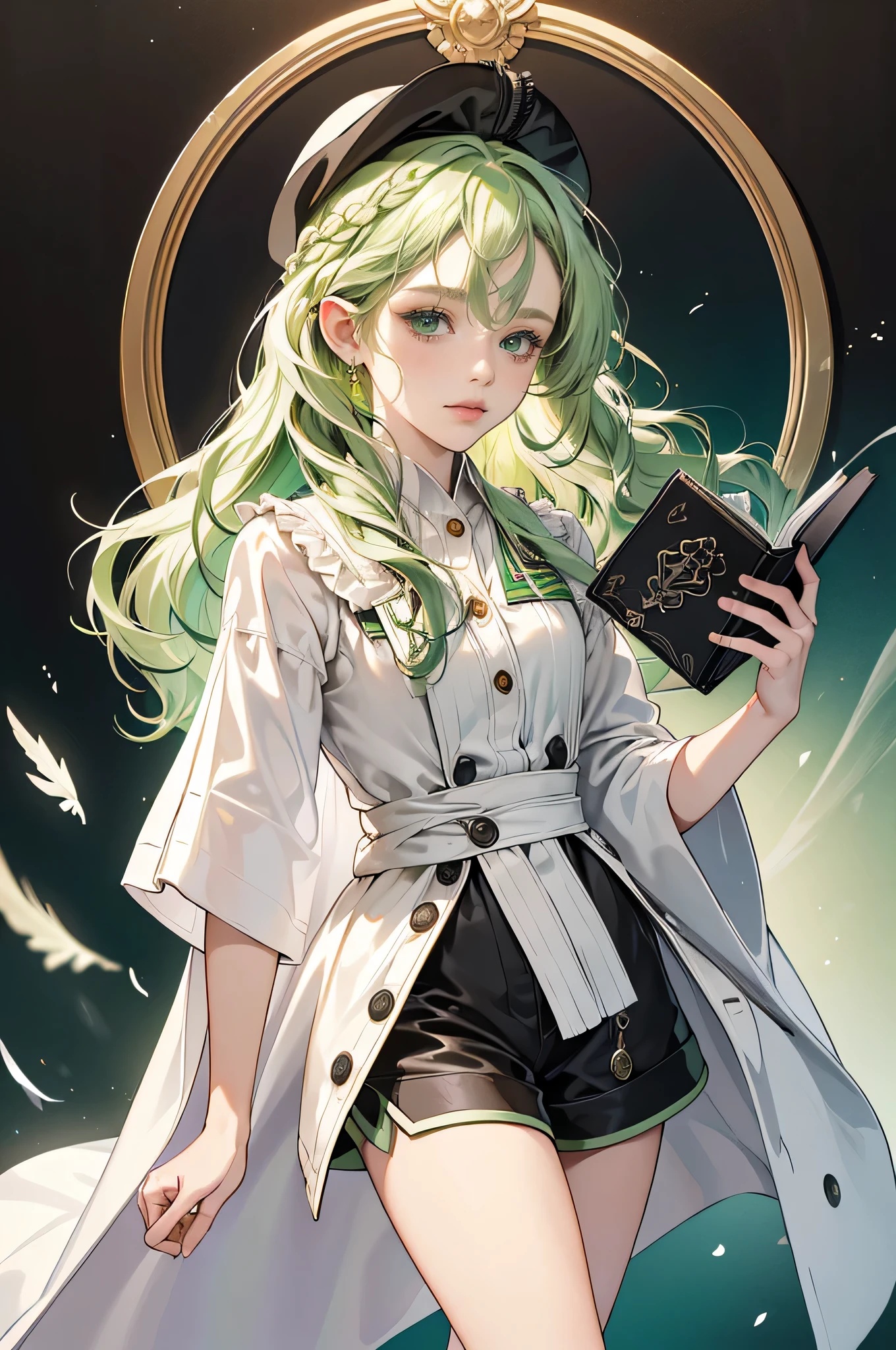 masterpiece, ultra detailed, 8k portrait, RAW photo, portrait photography, highly detailed face, beautiful and meticulous eyes, ((Fantasy)), Young beautiful, 22 years old, (((drooping eyes))), dynamic pose, (((Medium wavy light green hair))), ((braided twin tail)), parted bangs, White skin color, Luxury, (((black mortarboard cap))), (((white silk long cloak))) fluttering in the wind, (((many buttons Shirt dress))), (((black shorts))), high cut leather boots, ((holding magic book)), Midday Sun, hyper realistic, Body model, Small breasts, Beautiful breasts, Long legs, in the castle, Ambient lighting, Shadow details , Camera focus on thigh, strong breeze, Light fog
