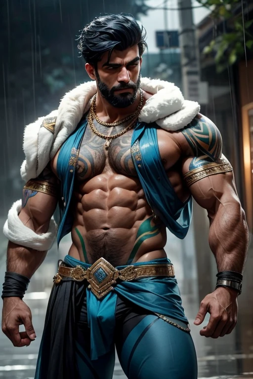 A muscular and tattooed Pakistan man, wearing blue tights with his chest exposed, revealing the soft fur on his chest while soaking in the rain
