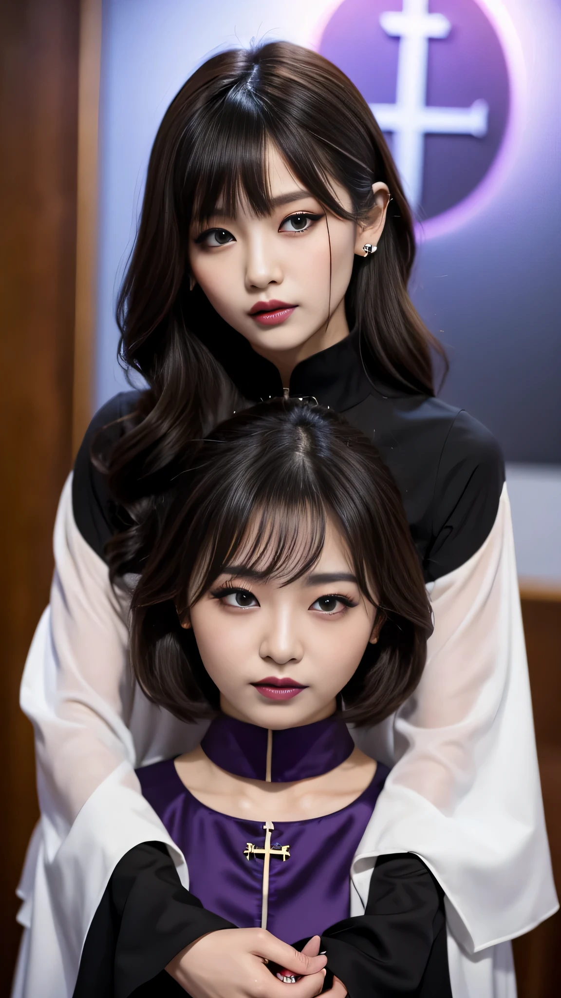 tra-detailed、Japanese、Attractive beauty、seductive adult woman、Pretty Woman、cool girl、brown hair、wavy hair、swept bangs、piercing eyes、hollow eyes、half-closed eyes、Hollow Eyes、Purple Eyeshadow、black lipstick、black lip gloss、dark makeup、smirk、Whisper in my ear、Evil expression、Long Black Cheongsam、Black wide sleeves、Evil cadres、Fallen into evil、brainwash、mind control、evil、Church at night、Swear allegiance、Are standing