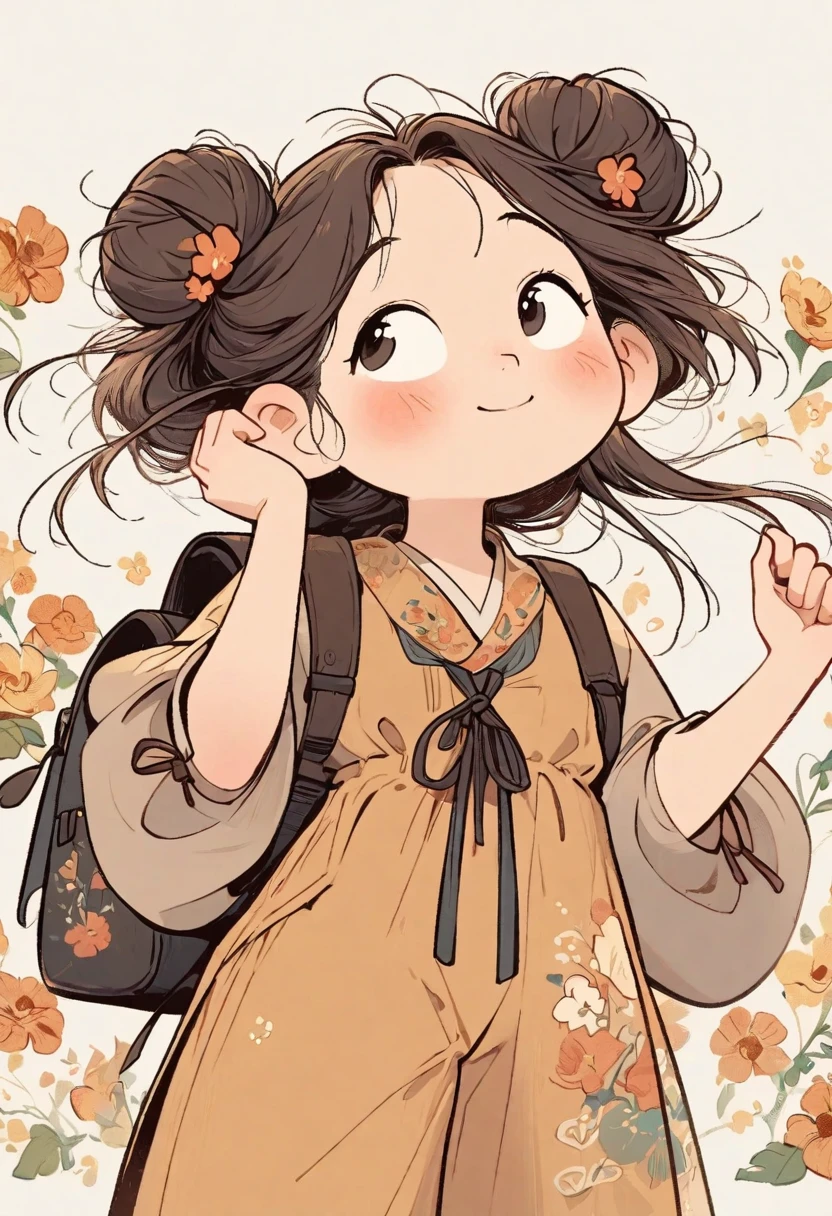 Handmade cartoon drawing style,A girl ties her hair into two buns,flower襯衫,Tall,wide trousers,Crossbody backpack,Standing with one hand raised and looking up happily,flower,Super exquisite picture quality.
