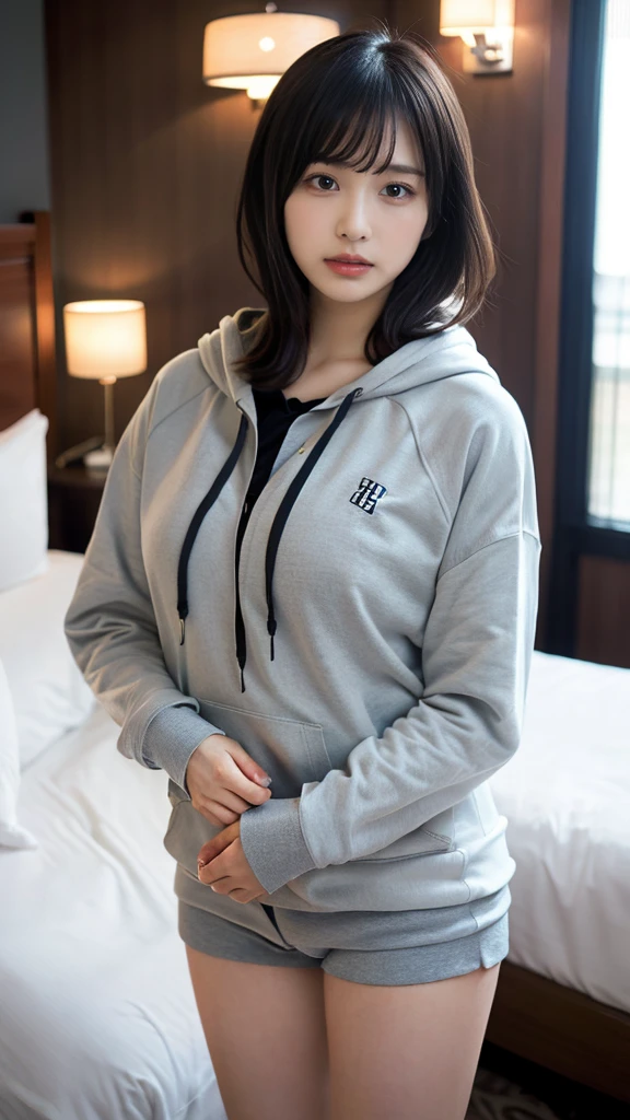 muste piece, best quality, illustration, Super detailed, fine details, High resolution, 8K,wall paper, perfect dynamic composition,(Details High quality, realistic depiction of eyes:1.3), (Oversized Light Gray Hoodie:1.2), Erotic Shorts, big breasts, short bob hair、black hair color, Big Natural Color Lip, bold sexy pose, (perfect body shape), crying a little、cold gaze, Harajuku style、20 year old girl、cute type、****ta、beautiful legs, hotel room, gravure idol