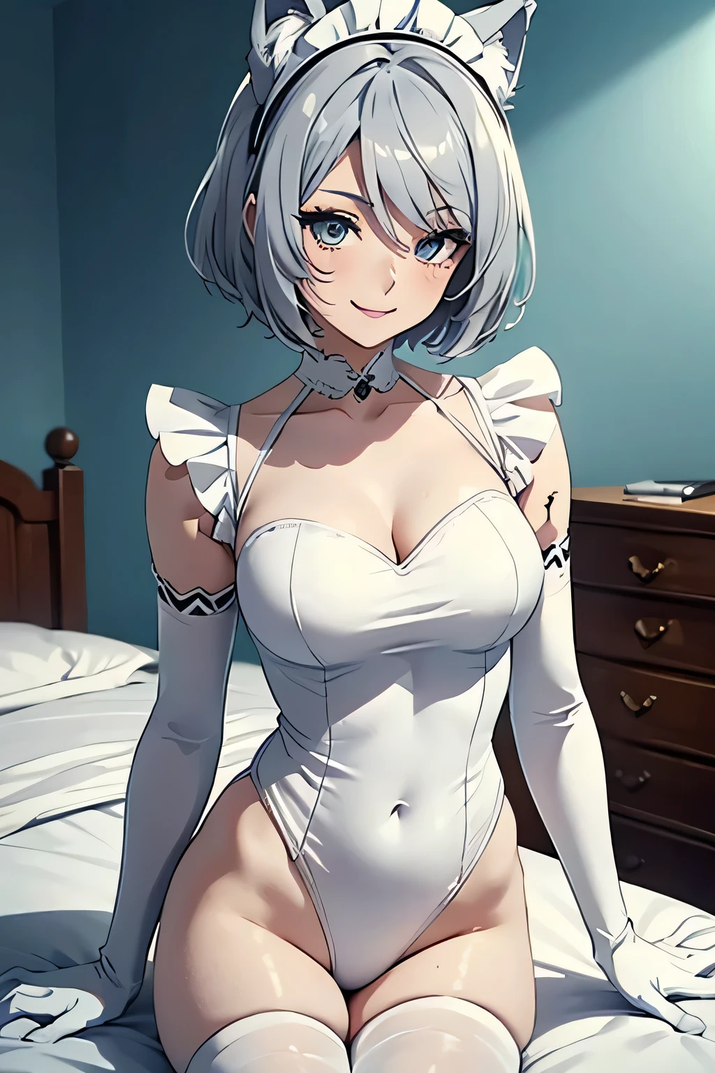 Tabletop Best image quality wonderful Attention to detail One Young Woman((Adult))Anime Style White maid outfit(leotard) Pure white gloves(Elbow Gloves) White Pantyhose(Plain) wolf ears short hair((Shortcuts)(Gray Hair)(Curly Hair)(fluffy)) smile(Happy) Eye color is blue background(Bedroom)