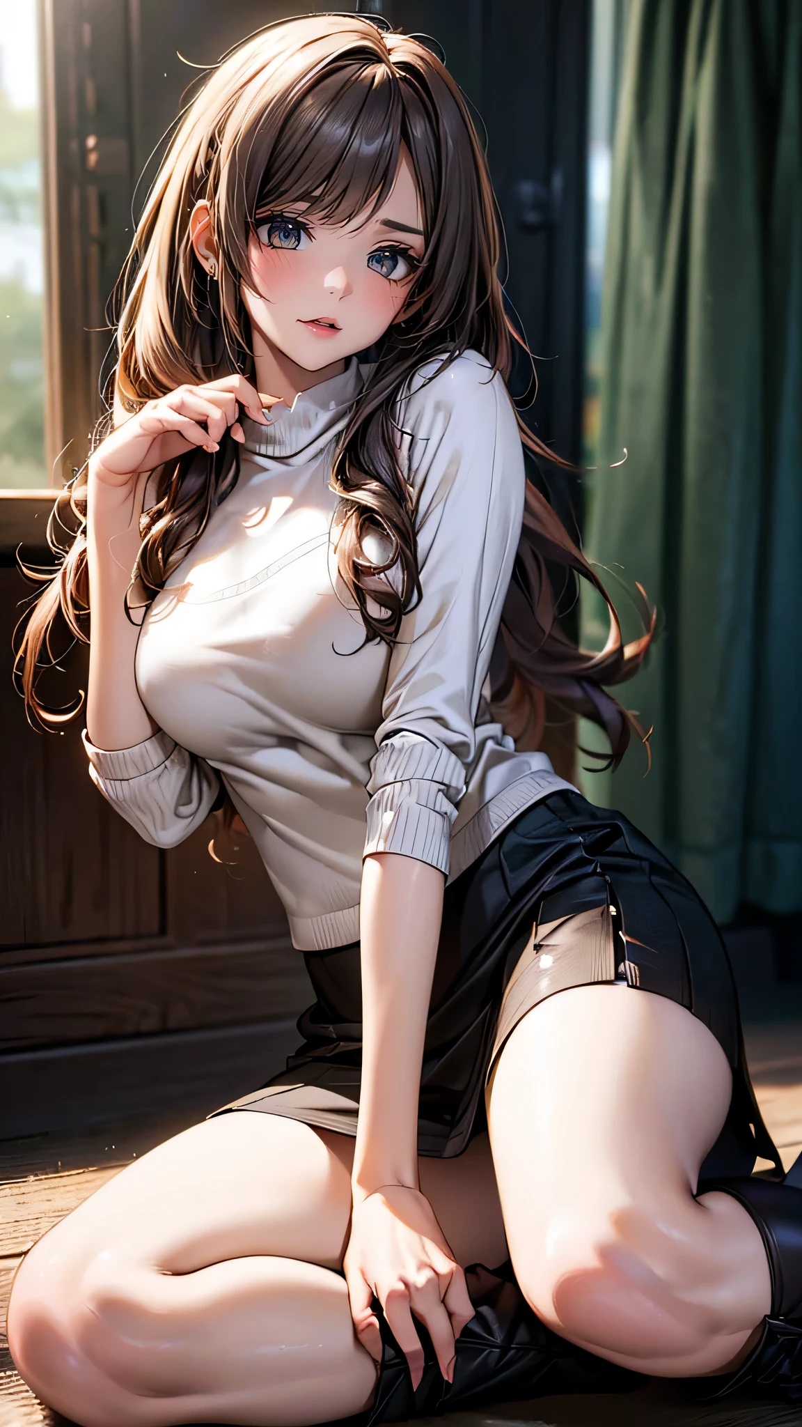 (random porn pose),(random hairstyle),(Highest image quality,(8k),ultra-realistic,best quality, high quality, high definition, high quality texture,high detail,beautiful detailed,fine detailed,extremely detailed cg,detailed texture,a realistic representation of the face,masterpiece,Sense of presence),sweater,tight mini skirt,stockings,Engineer boot