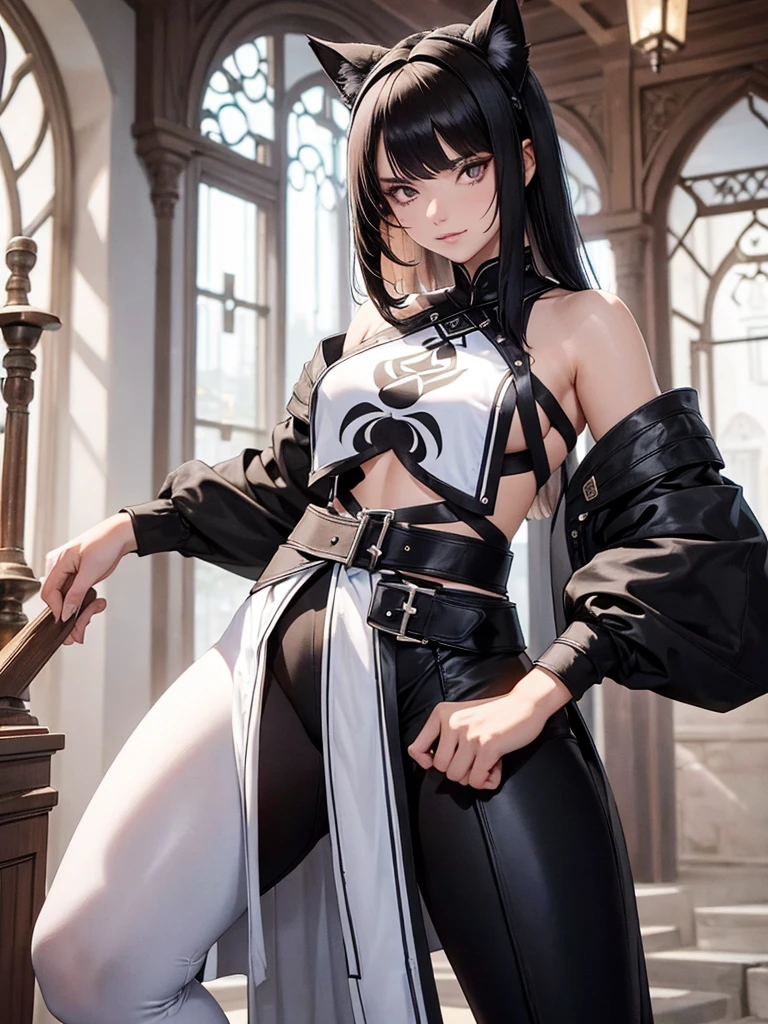beautiful young female warrior fighter with cat ears on her head, com rosto bem detalhado e bonito, belos olhos, belos olhos, rosto lindo, beautiful young woman wearing long brown leggings with black details, sueter apertado branco, standing in a castle, usando bota preta, cabelo comprido com franja preto, ,orelhas de gato, belo sorriso, tomboy, um pouco musculosa,suter branco com cinta em volta, olhar serio,usando jaqueta de couro apertado preto, com ombreiras de prata nos ombros