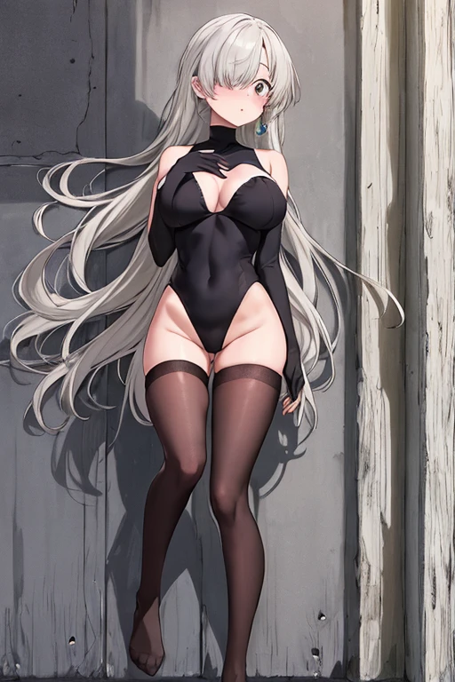 masterpiece, highest quality, High resolution, don&#39;t let it end, One girl, Hair on one eye, jewelry, Black knee socks, black leotard, Bridal Gauntlet, High leg leotard, High leg, turtleneck, Elbow hand pockets, walking, Outdoor, Embarrassing,