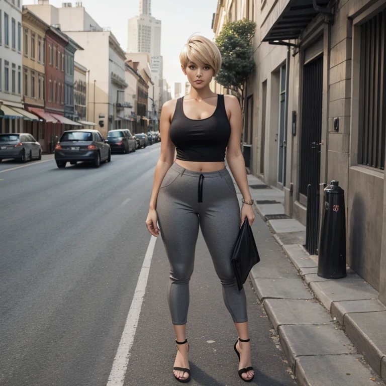 Sexy hot girl, perfect face, perfect body, , thick legs, thick shin, curvy, blonde pixie cut hir, black tank top, Grey stretch pants, standing, in street, solo, full body, 