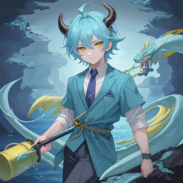 Look like a yr young boy but is can turn into Reptilian water dragon (https://www.dragon-mania-legends.wiki/wiki/Water_Dragon), cyan hair color, kind smile and kind and energetic, set between bright orange and yellow eyes, just one golden horns in his forehead in the middle, It has two fins on either side of its head as a ear each with blue-gray webbing. Two spiral, have a ocean-blue cyan pattern tie, wear a 10yr adventure outfit color Cyan and blue, holding a fishing pole as a main weapon, is the healer, main color is blue and cyan, the gender is male, look like in the Vikings era,