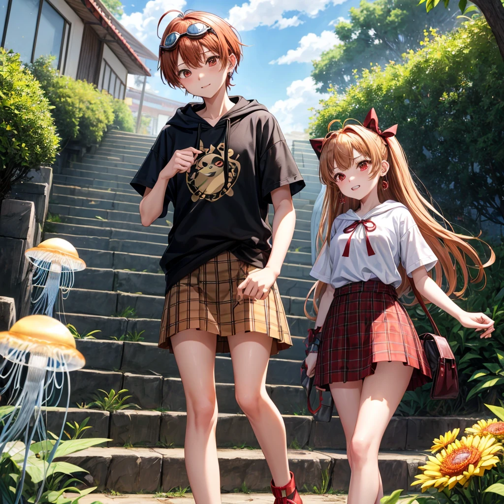Brown, red, gold, golden hair、red eyes、One good looking girl、solo、anime、plaid mini skirt、black camisole、Black T-shirt、hoodie、Wearing a ribbon、Ribbon on waist、Crystal Earrings、treasure石のネックレス、Light and shadow、Tilting face、teeth are visible、pillar、Kind Face、Kuroko、Diamond dust、grassland、Water running down the stairs、Overflowing、Ants are walking、sulking、is increasing、treasure、Hope、wearing goggles on head、jellyfish