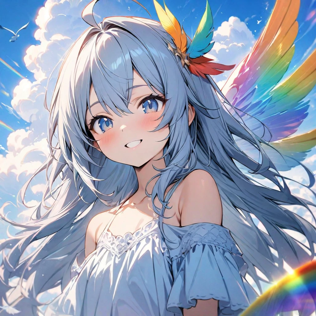 masterpiece, best quality, ultra-detailed, 1girl, , 12 years old, , bird girl, rainbow colored wing, feather hair ornament, blue gray hair, ahoge, vivid smile, light blue dress, bare shoulder, upper body, sky, cloud