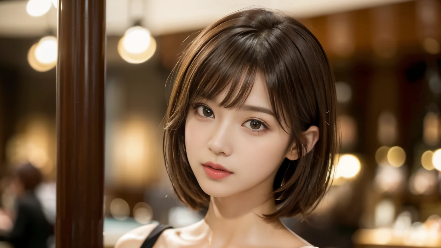 (masterpiece, Very detailed, Very detailed, Exquisite, 16k, Confused), woman, 19 years old, glamorous, (Suppin breeze:1.4), Looking at the audience, short hair, Messy Hair, Diagonal bangs, brown hair, Brown eyes, Upper Body, movie lighting, Blurry background in focus, inside a stylish cafe, Urban Cafe 