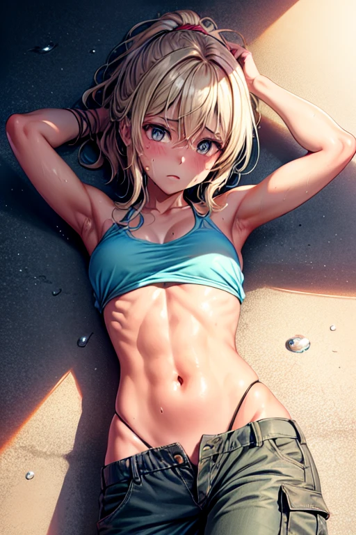 In this captivating artwork, a unique and diverse anime girl with a sun-kissed, tanned complexion reclines on the floor in a state of profound hunger and exhaustion. Her attire consists of a worn-out bikini top, exposing the slightest hint of her toned abs, and cargo pants, revealing the defined muscles of her legs. The creases on her pants accentuate her emaciated frame, as her frustration and despair are etched onto her face, with droplets of sweat beading on her forehead. Her ribs protrude noticeably, adding to the overwhelming sense of vulnerability. Every element of this powerful image is meticulously crafted to elicit