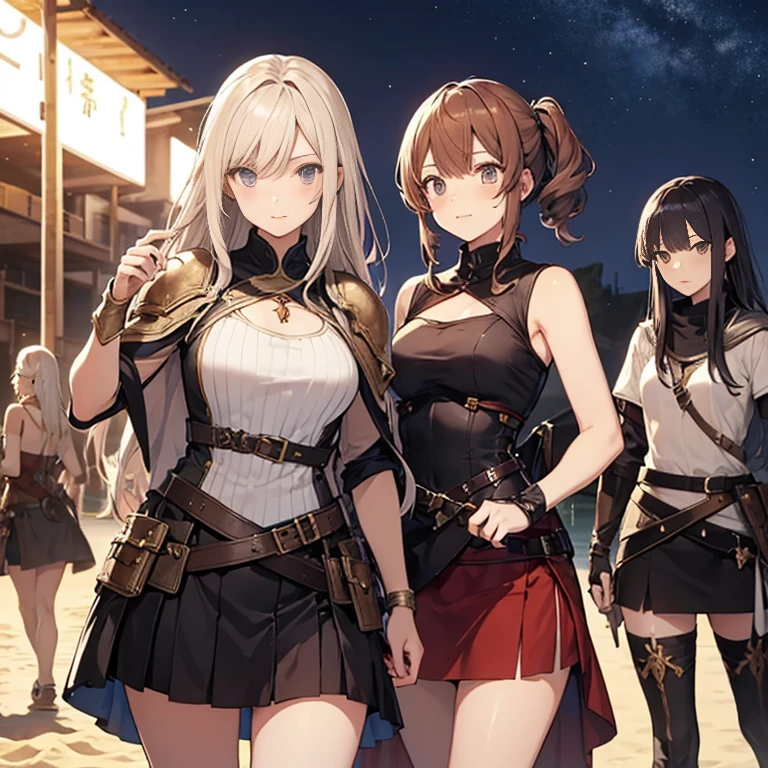 A group of female medieval fantasy adventurers, (in beach), various hair styles, harem, night, details face, short skirt, seducing, sleeveless, armor