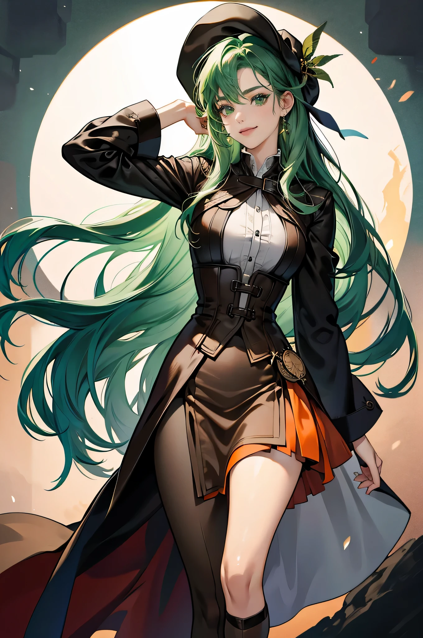 masterpiece, ultra detailed, 8k portrait, RAW photo, portrait photography, Highly detailed face, beautiful and meticulous eyes, ((Fantasy)), (((solo))), young and beautiful, 22 years old, smile, dynamic pose, (((long straight deep green hair))), ((One side is woven with orange ribbon)), dull bangs, beret, white skin color, luxury, hooded (((Dark brown))) (((Silk Long Cloak))) fluttering in the wind, (((dress shirt))), (((silk maxi skirt))), leather corset, (((dark thigh high tights))), High Cut Leather Boots, (((Lift a long magic wand))), ((wear a pocket watch)), midday sun, surreal, body model, small breasts, beautiful breasts, long legs, city, environmental lighting, shadow details , focus the camera on the face, strong wind, light fog