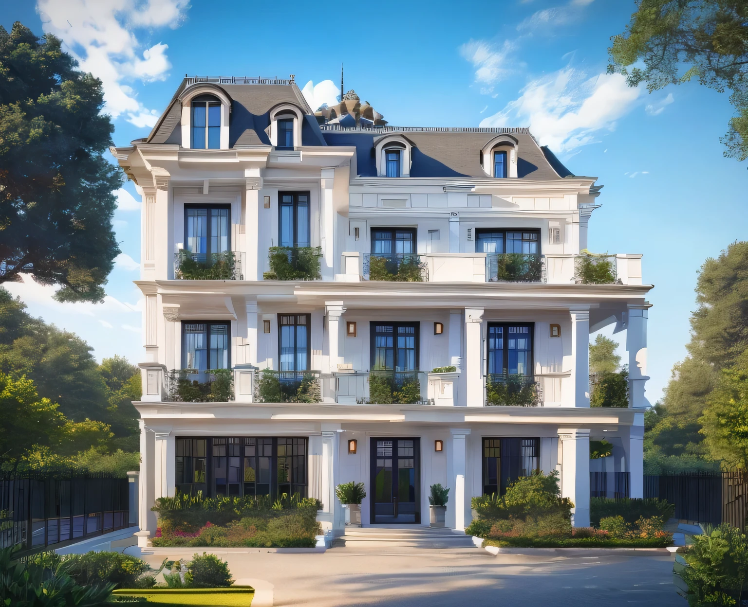 French style villa, Gray-blue roof, Garden in front of the door, Sunnyday, Real Scene, hyper HD, Masterpiece, ccurate, High quality, High details, 8K