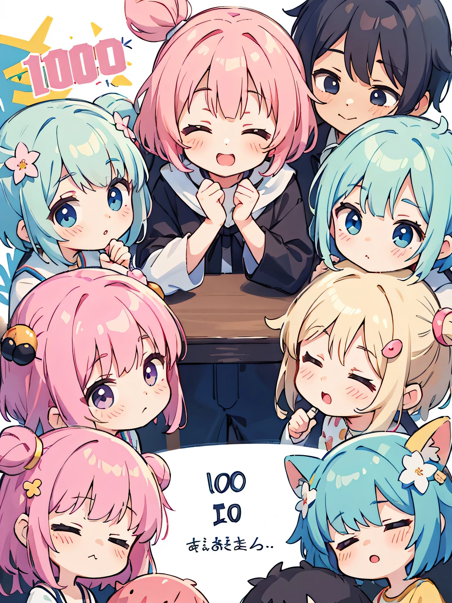 Momoko Sakura style, Kawaii Design, (((10 people)))、most beautiful girl ever、Chibi, Colorful bob hair、((Lots of friends))、Family nap