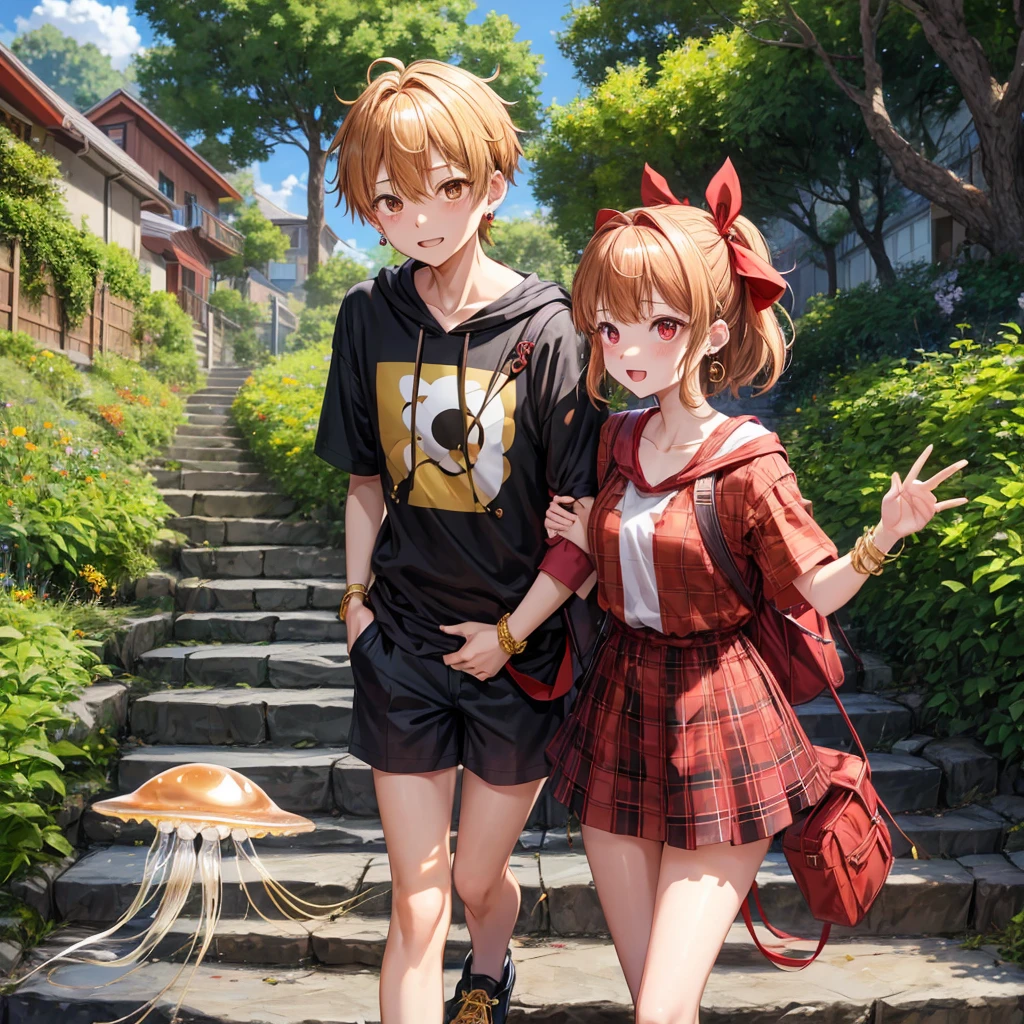 Brown, red, gold, golden hair、red eyes、One good looking girl、solo、anime、plaid mini skirt、black camisole、Black T-shirt、hoodie、Wearing a ribbon、Ribbon on waist、Crystal Earrings、treasure石のネックレス、Light and shadow、Tilting face、teeth are visible、pillar、Kind Face、Kuroko、Diamond dust、grassland、Water running down the stairs、Overflowing、Ants are walking、sulking、is increasing、treasure、Hope、wearing goggles on head、jellyfish、Carrying a backpack