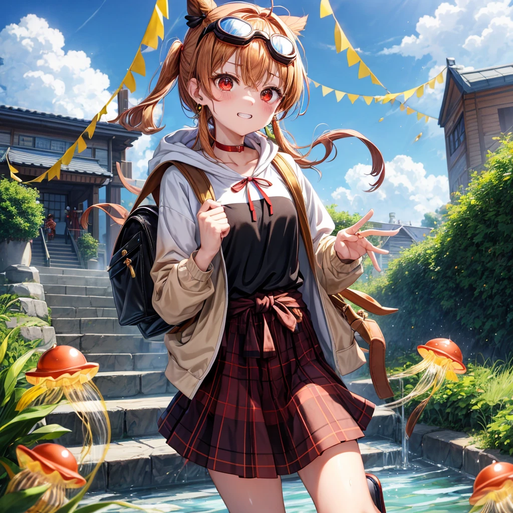 Brown, red, gold, golden hair、red eyes、One good looking girl、solo、anime、plaid mini skirt、black camisole、Black T-shirt、hoodie、Wearing a ribbon、Ribbon on waist、Crystal Earrings、treasure石のネックレス、Light and shadow、Tilting face、teeth are visible、pillar、Kind Face、Kuroko、Diamond dust、grassland、Water running down the stairs、Overflowing、Ants are walking、sulking、is increasing、treasure、Hope、wearing goggles on head、jellyfish、Carrying a backpack