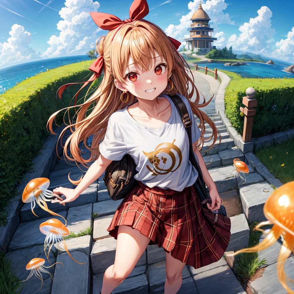 Brown, red, gold, golden hair、red eyes、One good looking girl、solo、anime、plaid mini skirt、black camisole、Black T-shirt、hoodie、Wearing a ribbon、Ribbon on waist、Crystal Earrings、treasure石のネックレス、Light and shadow、Tilting face、teeth are visible、pillar、Kind Face、Kuroko、Diamond dust、grassland、Water running down the stairs、Overflowing、Ants are walking、sulking、is increasing、treasure、Hope、wearing goggles on head、jellyfish、Carrying a backpack