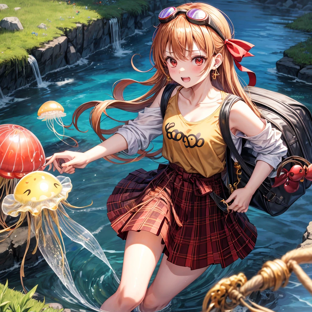Brown, red, gold, golden hair、red eyes、One good looking girl、solo、anime、plaid mini skirt、black camisole、Black T-shirt、hoodie、Wearing a ribbon、Ribbon on waist、Crystal Earrings、treasure石のネックレス、Light and shadow、Tilting face、teeth are visible、pillar、Kind Face、Kuroko、Diamond dust、grassland、Water running down the stairs、Overflowing、Ants are walking、sulking、is increasing、treasure、Hope、wearing goggles on head、jellyfish、Carrying a backpack