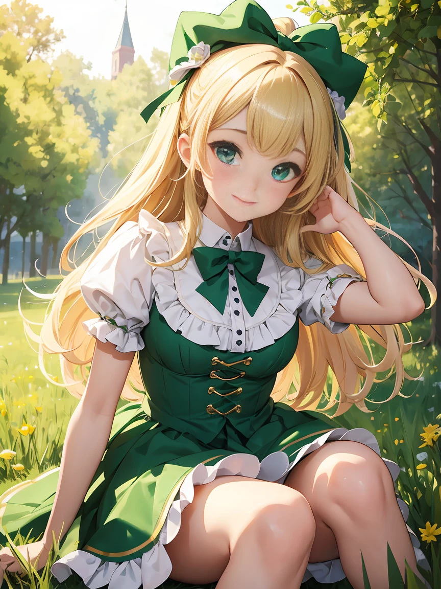 highest quality、8K masterpiece、Draw a detailed face、One childish girl、ta Costume、whole body、Cute pose、professional lighting、Happy expression、Shiny Hair、Perfect Anatomy、In green meadows