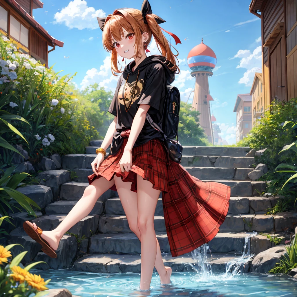Brown, red, gold, golden hair、red eyes、One good looking girl、solo、anime、plaid mini skirt、black camisole、Black T-shirt、hoodie、Wearing a ribbon、Ribbon on waist、Crystal Earrings、treasure石のネックレス、Light and shadow、Tilting face、teeth are visible、pillar、Kind Face、Kuroko、Diamond dust、grassland、Water running down the stairs、Overflowing、Ants are walking、sulking、is increasing、treasure、Hope、wearing goggles on head、jellyfish、Carrying a backpack