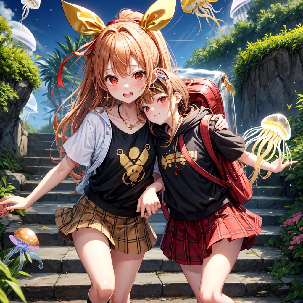 Brown, red, gold, golden hair、red eyes、One good looking girl、solo、anime、plaid mini skirt、black camisole、Black T-shirt、hoodie、Wearing a ribbon、Ribbon on waist、Crystal Earrings、treasure石のネックレス、Light and shadow、Tilting face、teeth are visible、pillar、Kind Face、Kuroko、Diamond dust、grassland、Water running down the stairs、Overflowing、Ants are walking、sulking、is increasing、treasure、Hope、wearing goggles on head、jellyfish、Carrying a backpack