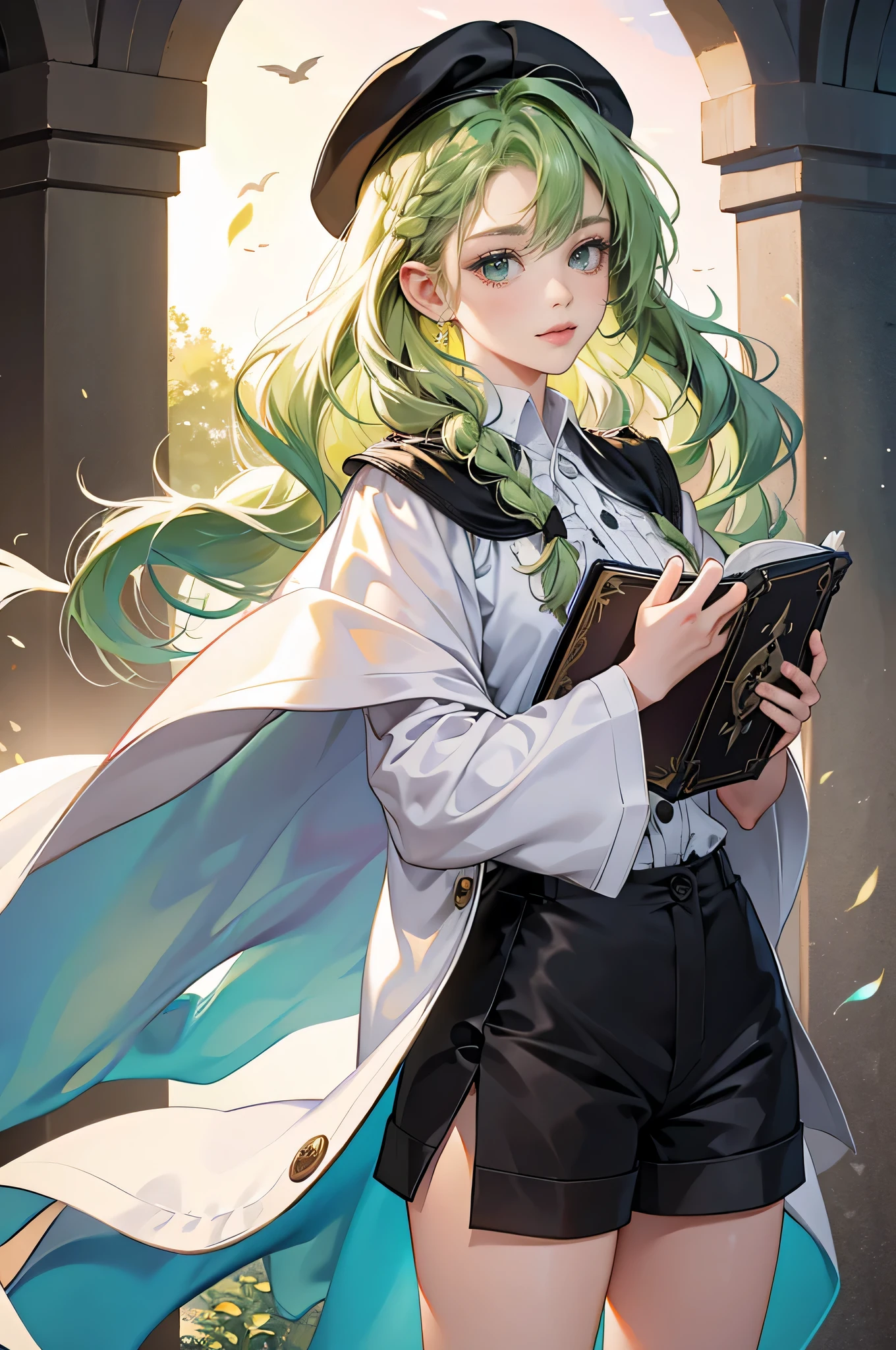 masterpiece, ultra detailed, 8k portrait, RAW photo, portrait photography, Highly detailed face, beautiful and meticulous eyes, ((Fantasy)), (((solo))), Young beautiful, 22 years old, (((drooping eyes))), dynamic pose, (((Medium wavy light green hair))), ((braided twin tail)), parted bangs, White skin color, Luxury, (((black mortarboard cap))), (((white silk long cloak))) fluttering in the wind, (((many buttons Shirt dress))), (((black shorts))), high cut leather boots, ((holding magic book)), Midday Sun, hyper realistic, Body model, Small breasts, Beautiful breasts, Long legs, in the castle, Ambient lighting, Shadow details , Camera focus on thigh, strong breeze, Light fog