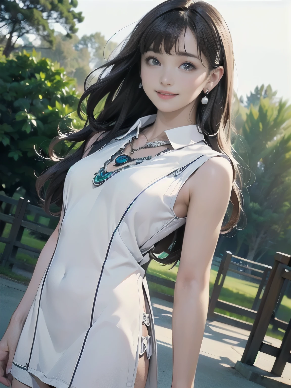 ((((highest quality))))、(((Ultra-precision CG16K wallpaper)))、(((masterpiece)))、(((Super detailed)))、(((super extreme details)))、((１Mature 24 year old woman:1.3))、((Very beautiful Japanese faceai Shiraishi:1.3))、((Straight semi-long hair、blunt bangs:1.5))、(Shiny brown hair)、beautiful delicate eyes、Brown eyes、High nose、small nostrils、Small Mouth、seductive lips、Beautiful breasts、((C cup size breasts))、Cleavage、plump body、Perfect proportions、Perfect Anatomy、Perfect composition、beautiful detailed shading、beautiful natural lighting、beautiful detail glow、Depth of written boundary、(((High chroma)))、(((Real:1.9)))、((vivid:1.5))、((Beautiful Skin))、((skin texture))、((Realな皮膚感))、(((Cowboy Shot:1.6)))、((Front view、Front low angle:1.5))、((Shy laugh:1.5))、(The woman is facing this way:1.5)、Bright daylight、Natural light、(((Outdoor park:1.5)))、(standing pose:1.5)、(((White sleeveless collared mini dress:1.6)))、((Earrings、Wearing a necklace:1.3))、