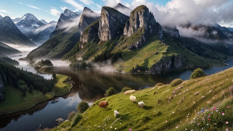 amazing, masterpiece, detailed, super detailed, clear, breathtaking, work of art, realistic, realistic, cozy, highest quality , 8K, sharp, HDR, UHD , art photography art, cinema style, best quality, mountain range, wooden house, grassland, waterfall flowing down from the top of the mountain, river, morning mist, dawn light, small budding flowers, the white rabbit, grazing sheep, gentle breeze