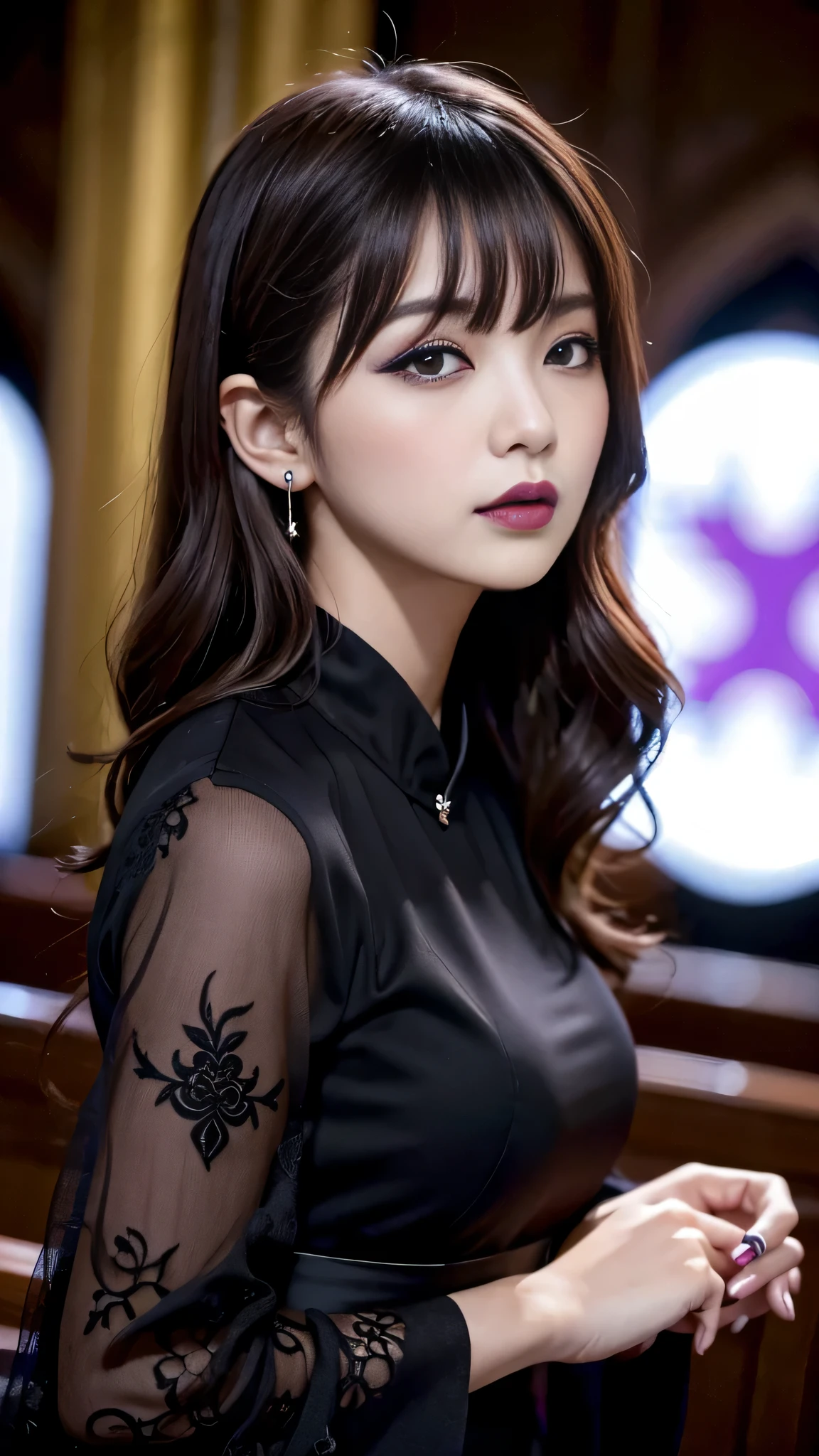 tra-detailed、Japanese、attractive beauty、seductive adult woman、pretty woman、piercing eyes、cool girl、wavy hair、swept bangs、Long Black Cheongsam、wide sleeves、Evil cadres、evil depravity、brainwash、mind control、lipstick、lip gloss、dark makeup、smirk、evil look、evil、hollow eyes,half-closed eyes、empty eyes、evil、night walk、vampire、succubus、vampire、makeup brush、Swear allegiance、stand
