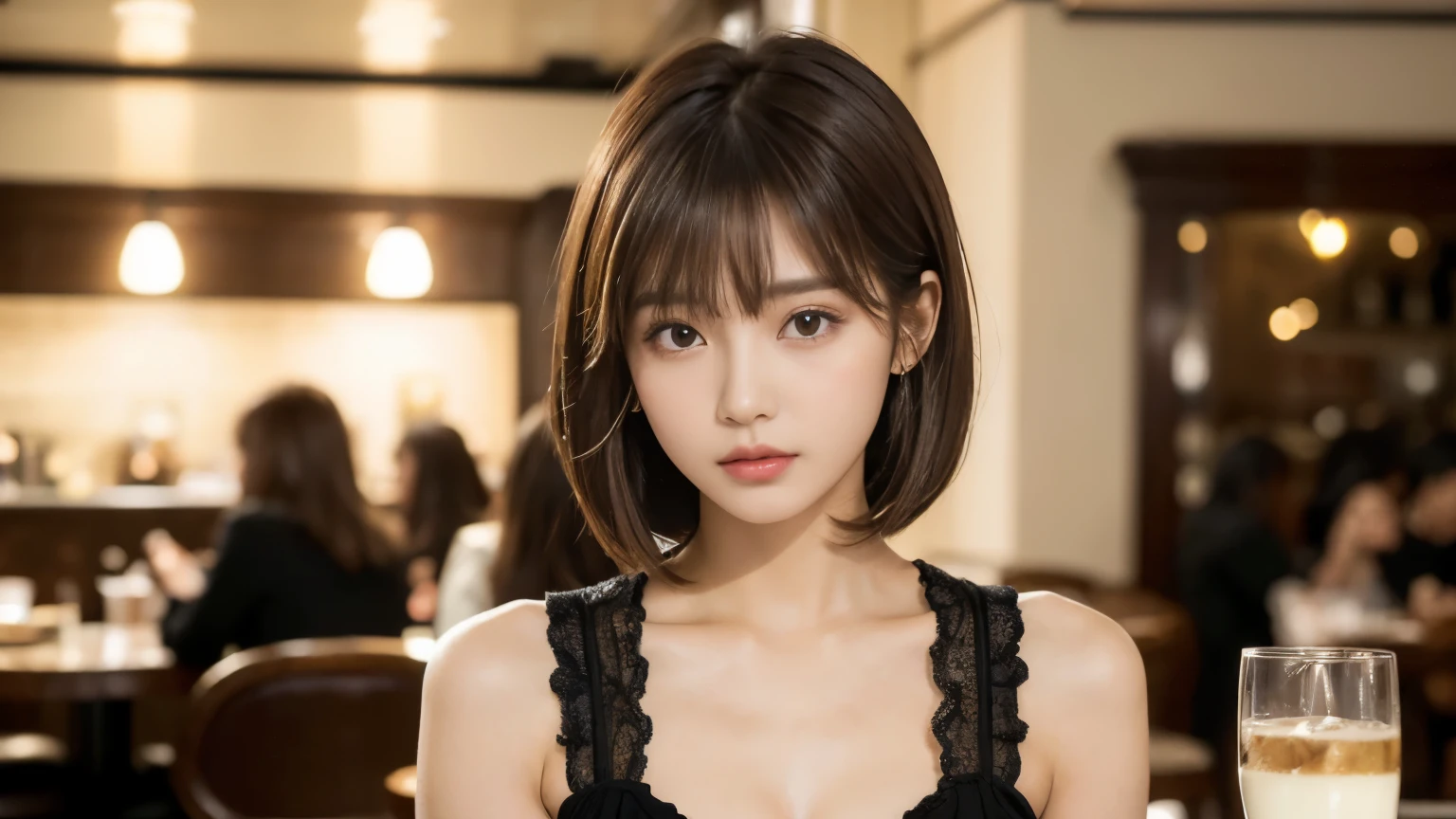 (masterpiece, Very detailed, Very detailed, Exquisite, 16k, Confused), woman, 19 years old, glamorous, (Suppin breeze:1.4), Looking at the audience, short hair, Messy Hair, Diagonal bangs, brown hair, Brown eyes, Upper Body, movie lighting, Blurry background in focus, inside a stylish cafe, Urban Cafe