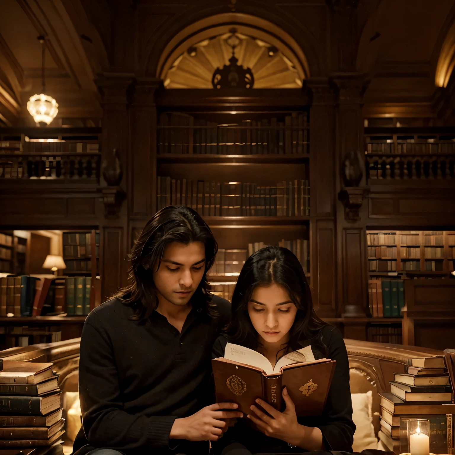 The image depicts a majestic, ancient library set against a midnight sky. The library exudes a royal aesthetic with its ornate architecture and towering bookshelves filled with antique volumes. Through the large window at the back, a full moon shines brightly, surrounded by stars and wisps of white clouds. In the center of the library, a young couple is seated romantically, the girl reading a book while sitting on the boy's lap. Their embrace is intimate, and they are lost in their own world amidst the literary treasures surrounding them. The title "Ek Afsana: Anjaan Dil Ki Kuch Khamoshiyan" is displayed prominently at the top of the cover in a bold and elegant font, while the author's name "VENUST" appears at the bottom in a smaller, simpler font. The title and author's name are positioned on top of the image, completing the captivating composition.