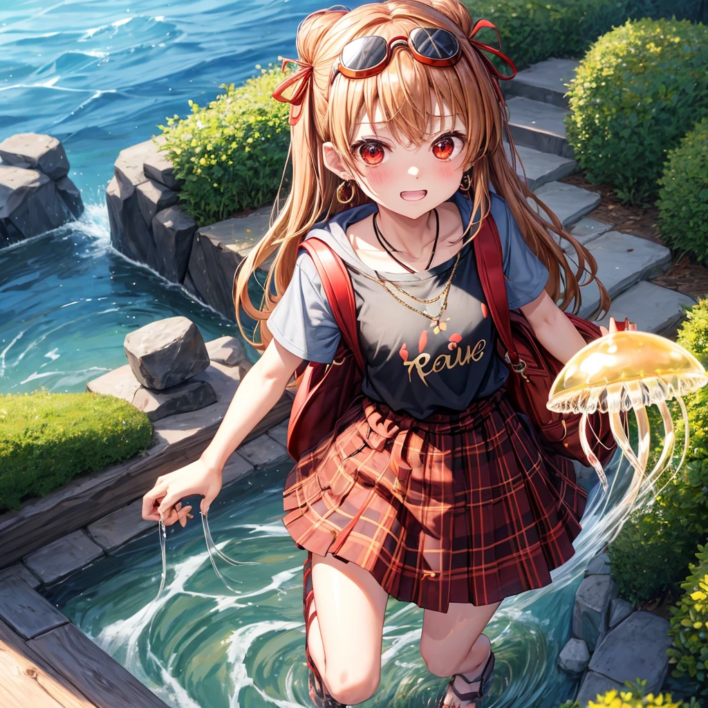Brown, red, gold, golden hair、red eyes、One good looking girl、solo、anime、plaid mini skirt、black camisole、Black T-shirt、hoodie、Wearing a ribbon、Ribbon on waist、Crystal Earrings、treasure石のネックレス、Light and shadow、Tilting face、teeth are visible、pillar、Kind Face、Kuroko、Diamond dust、grassland、Water running down the stairs、Overflowing、Ants are walking、sulking、is increasing、treasure、Hope、wearing goggles on head、jellyfish、Carrying a backpack