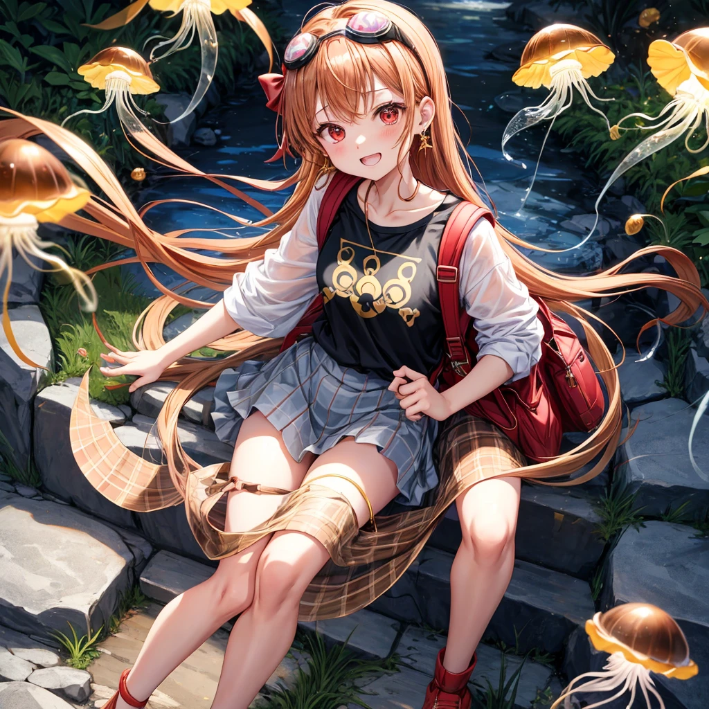 Brown, red, gold, golden hair、red eyes、One good looking girl、solo、anime、plaid mini skirt、black camisole、Black T-shirt、hoodie、Wearing a ribbon、Ribbon on waist、Crystal Earrings、treasure石のネックレス、Light and shadow、Tilting face、teeth are visible、pillar、Kind Face、Kuroko、Diamond dust、grassland、Water running down the stairs、Overflowing、Ants are walking、sulking、is increasing、treasure、Hope、wearing goggles on head、jellyfish、Carrying a backpack