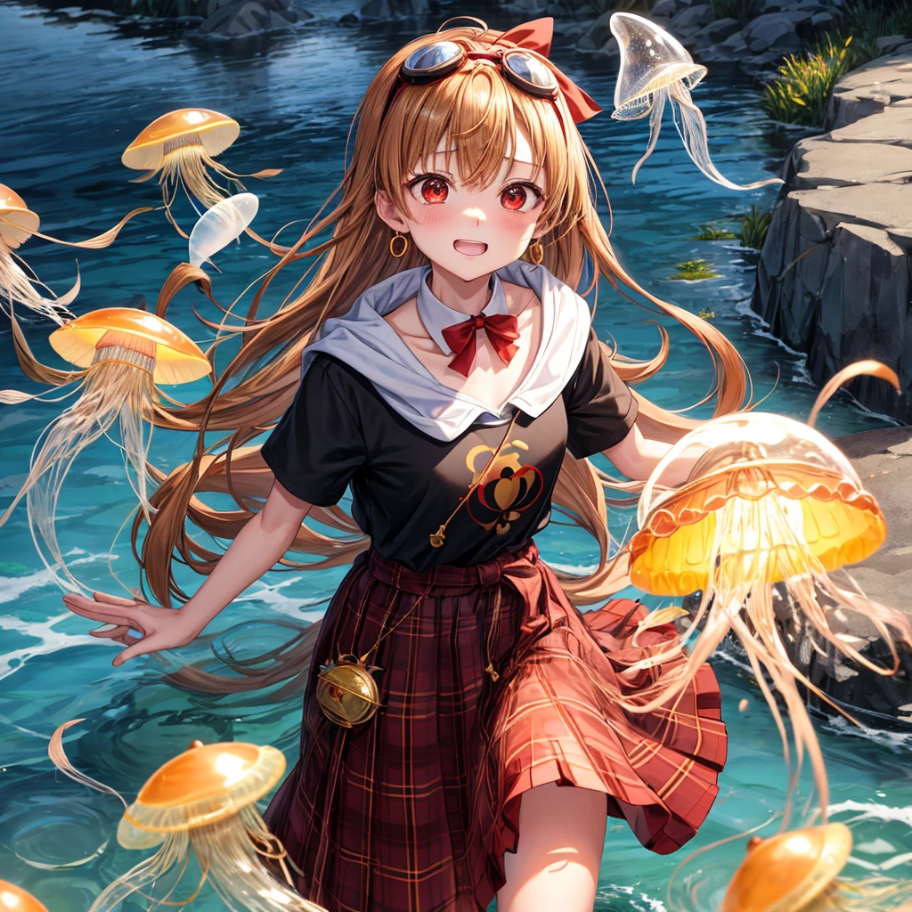 Brown, red, gold, golden hair、red eyes、One good looking girl、solo、anime、plaid mini skirt、black camisole、Black T-shirt、hoodie、Wearing a ribbon、Ribbon on waist、Crystal Earrings、treasure石のネックレス、Light and shadow、Tilting face、teeth are visible、pillar、Kind Face、Kuroko、Diamond dust、grassland、Water running down the stairs、Overflowing、Ants are walking、sulking、is increasing、treasure、Hope、wearing goggles on head、jellyfish、Carrying a backpack