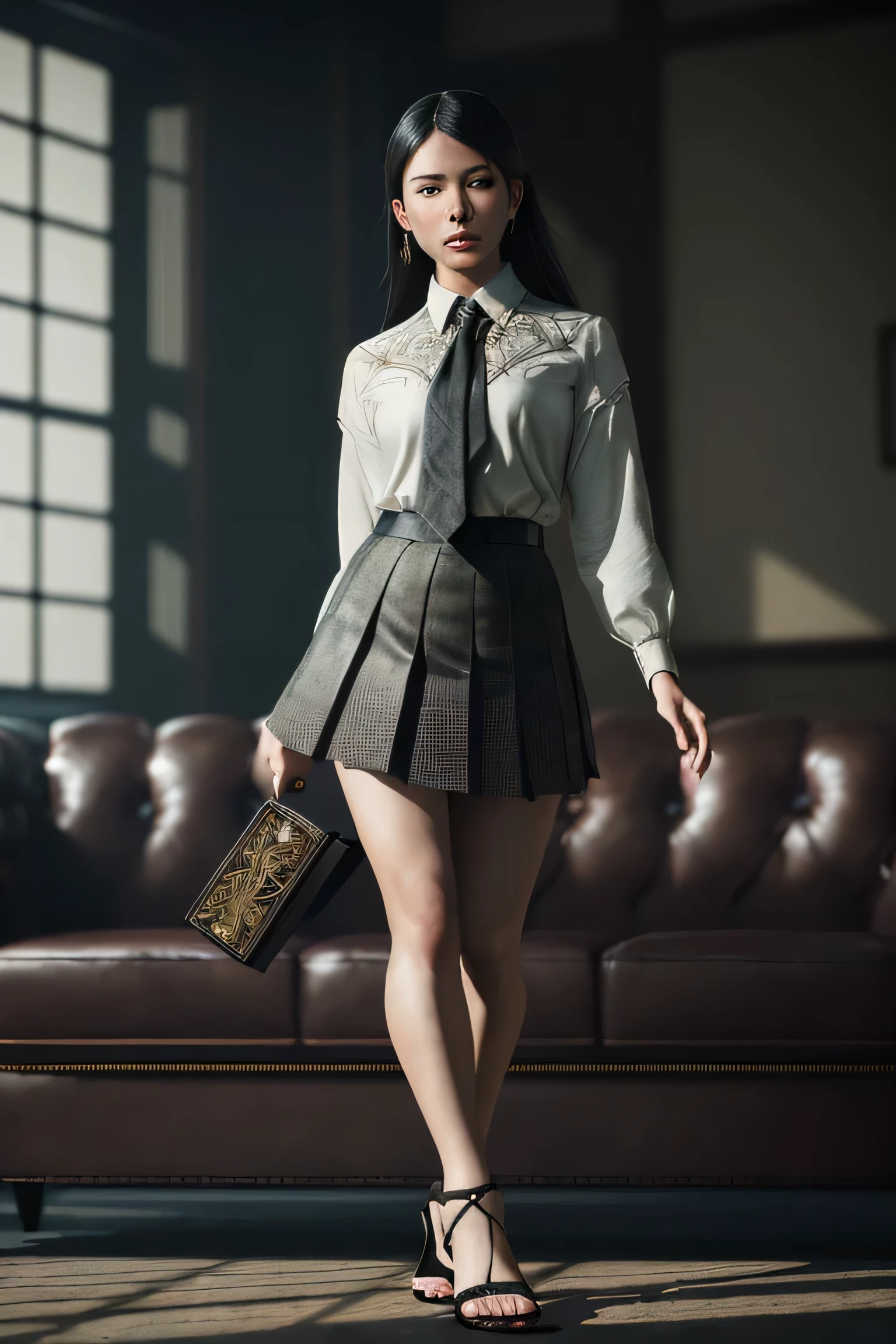 (masterpiece), (extremely intricate:1.3), (realistic), portrait of a girl, (dark fantasy, gore), (dynamic perspective), the most beautiful in the world, (kick viewers lightly), indoors, from below, shirt, tie, pleated skirt, high-heeled sandals, smirk, on the couch, Hirosaki, Aomori, professional photograph of a stunning woman detailed, sharp focus, dramatic, award winning, cinematic lighting, octane render unreal engine, volumetrics dtx, (film grain, blurry background, blurry foreground, bokeh, depth of field)