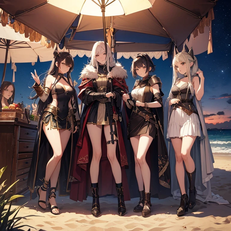 A group of  female medieval fantasy adventurers, (in beach), various hair styles, harem, night, details face, short skirt, seducing, sleeveless, armor 