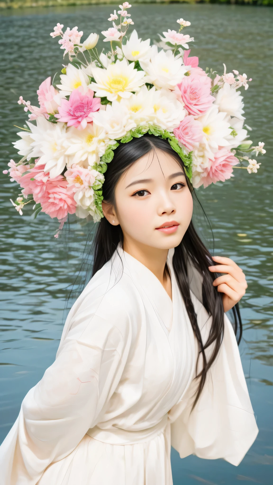 arafed woman in a white robe and a flower crown, lotus floral crown girl, a young asian woman, young asian woman, young cute wan asian face, young asian girl, chinese woman, wearing a flower headpiece, chinese girl, portrait of a japanese girl, beautiful south korean woman, japanese woman, an asian woman, beautiful young korean woman, asian woman