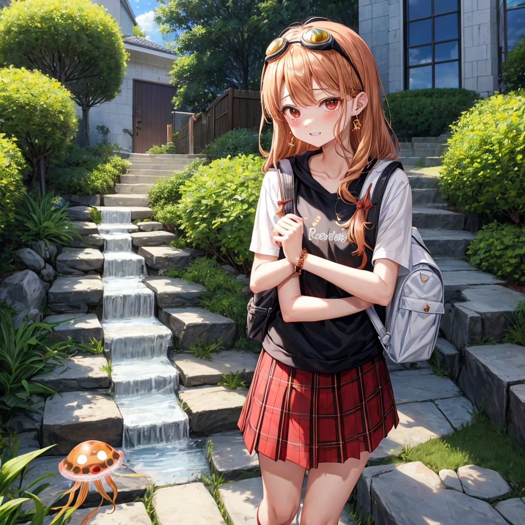 Brown, red, gold, golden hair、red eyes、One good looking girl、solo、anime、plaid mini skirt、black camisole、Black T-shirt、hoodie、Wearing a ribbon、Ribbon on waist、Crystal Earrings、treasure石のネックレス、Light and shadow、Tilting face、teeth are visible、pillar、Kind Face、Kuroko、Diamond dust、grassland、Water running down the stairs、Overflowing、Ants are walking、sulking、is increasing、treasure、Hope、wearing goggles on head、jellyfish、Carrying a backpack