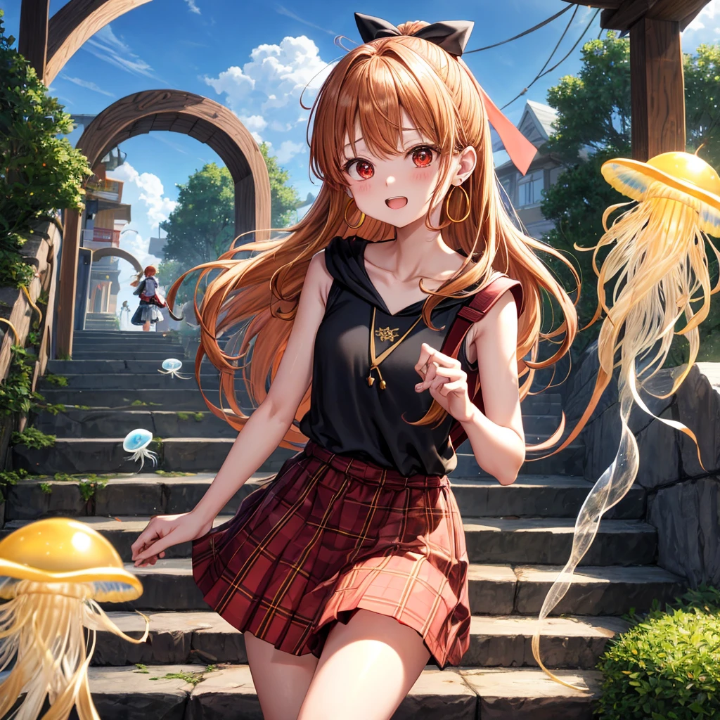 Brown, red, gold, golden hair、red eyes、One good looking girl、solo、anime、plaid mini skirt、black camisole、Black T-shirt、hoodie、Wearing a ribbon、Ribbon on waist、Crystal Earrings、treasure石のネックレス、Light and shadow、Tilting face、teeth are visible、pillar、Kind Face、Kuroko、Diamond dust、grassland、Water running down the stairs、Overflowing、Ants are walking、sulking、is increasing、treasure、Hope、wearing goggles on head、jellyfish、Carrying a backpack