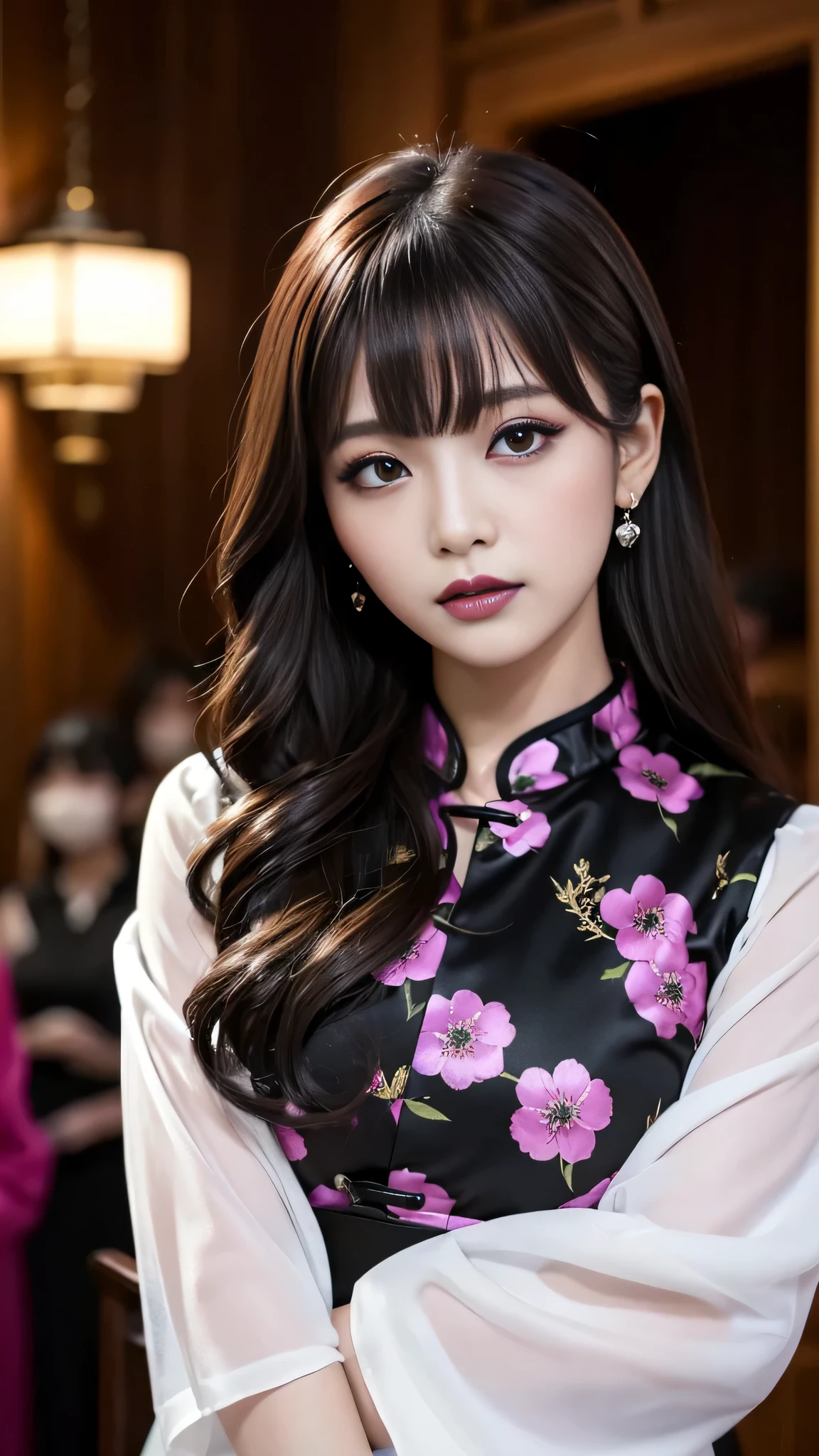 tra-detailed、Japanese、Attractive beauty、seductive adult woman、Pretty Woman、cool girl、brown hair、wavy hair、swept bangs、piercing eyes、hollow eyes、half-closed eyes、Hollow Eyes、Purple Eyeshadow、black lipstick、black lip gloss、dark makeup、smirk、Whisper in my ear、Evil expression、Long Black Cheongsam、Black wide sleeves、Evil cadres、Fallen into evil、brainwash、mind control、evil、Church at night、Swear allegiance、Are standing