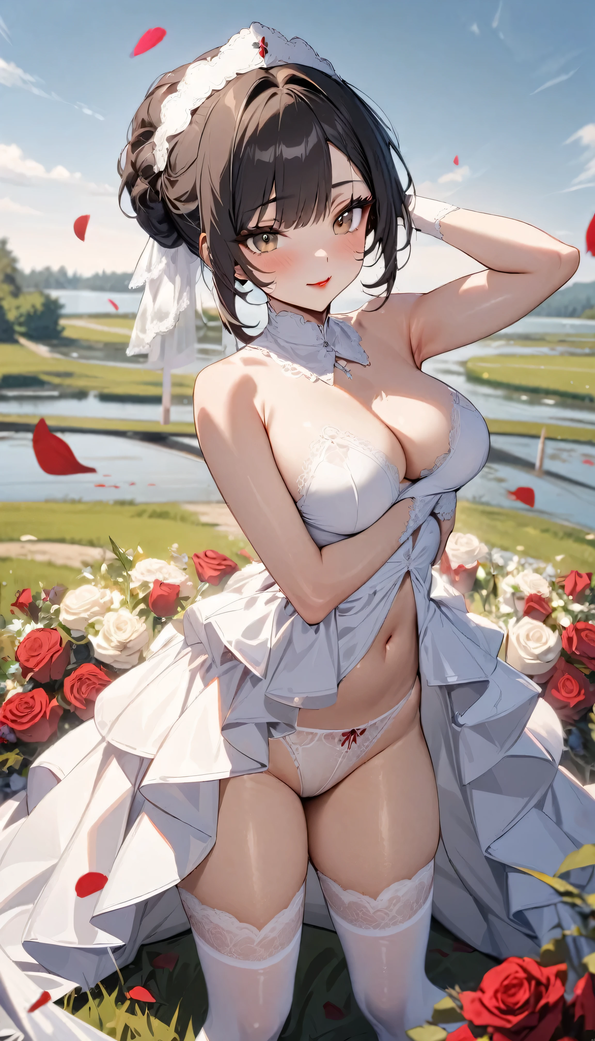 masterpiece, 1girl, chignon hairstyle, natural black hair, altar on field near the river, long eyeliner, red lipstick, sexy pose, flowers, medium breast, pale brown eyes, white stocking, rose petals, sexy pose, white laced underwear, wedding