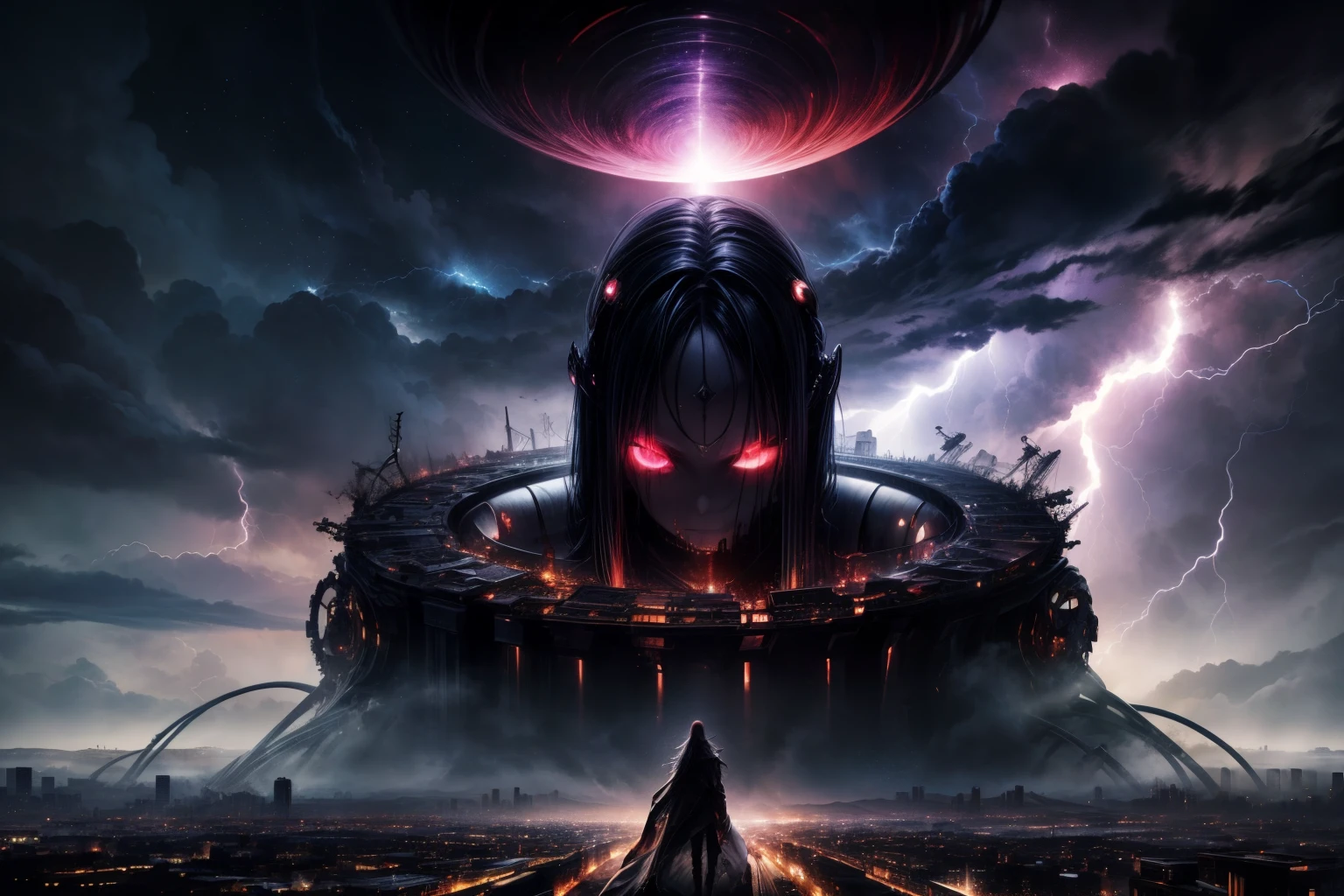 ((high quality)),((masterpiece)), apocalypse, black hole, city ،Lightning and thunder, horror,crippy