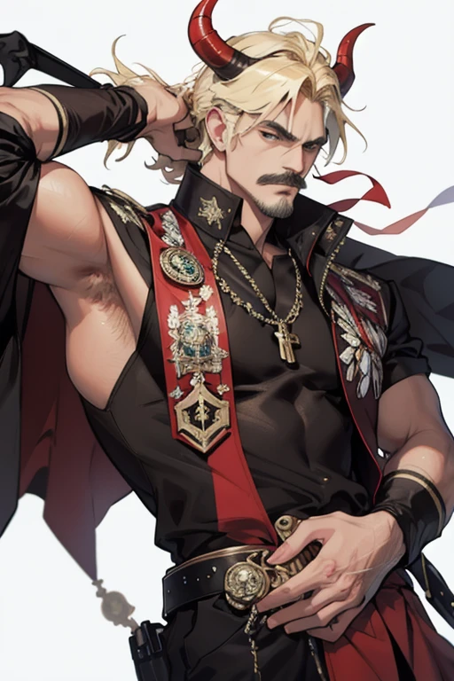 {{masterpiece}}, The best quality of life,((White background)) 、alone, One handsome man, Long hair in a low ponytail、all back、Blonde、Blue eyes、Black sunglasses、Fr.、Cassock、Roll up your sleeves、Smoking、smile、Cowboy Shot、Earrings、Tattoo on arm、Watching Me