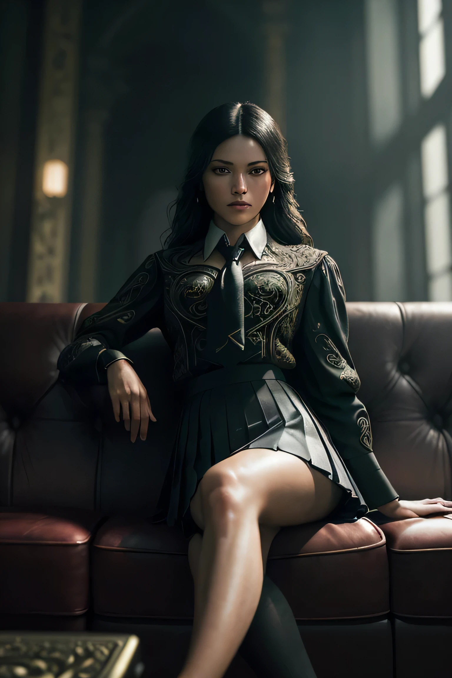 (masterpiece), (extremely intricate:1.3), (realistic), portrait of a girl, (dark fantasy, gore), (dynamic perspective), the most beautiful in the world, (kick viewers lightly), indoors, from below, shirt, tie, pleated skirt, high-heeled sandals, smirk, on the couch, Hirosaki, Aomori, professional photograph of a stunning woman detailed, sharp focus, dramatic, award winning, cinematic lighting, octane render unreal engine, volumetrics dtx, (film grain, blurry background, blurry foreground, bokeh, depth of field)