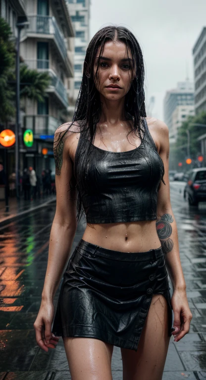 Beauty woman, realistic skin, black long hair, blue eyes, wet hair, wet skin, horny face, sexy, wet T-shirt long hair, tattoed, full body, black skirt, white wet shirt, rainy background, Extremely high-resolution details, photographic, realism pushed to extreme, fine texture, incredibly absurdres, absurdres, masterpiece, extremely high-resolution details, realism pushed to extreme