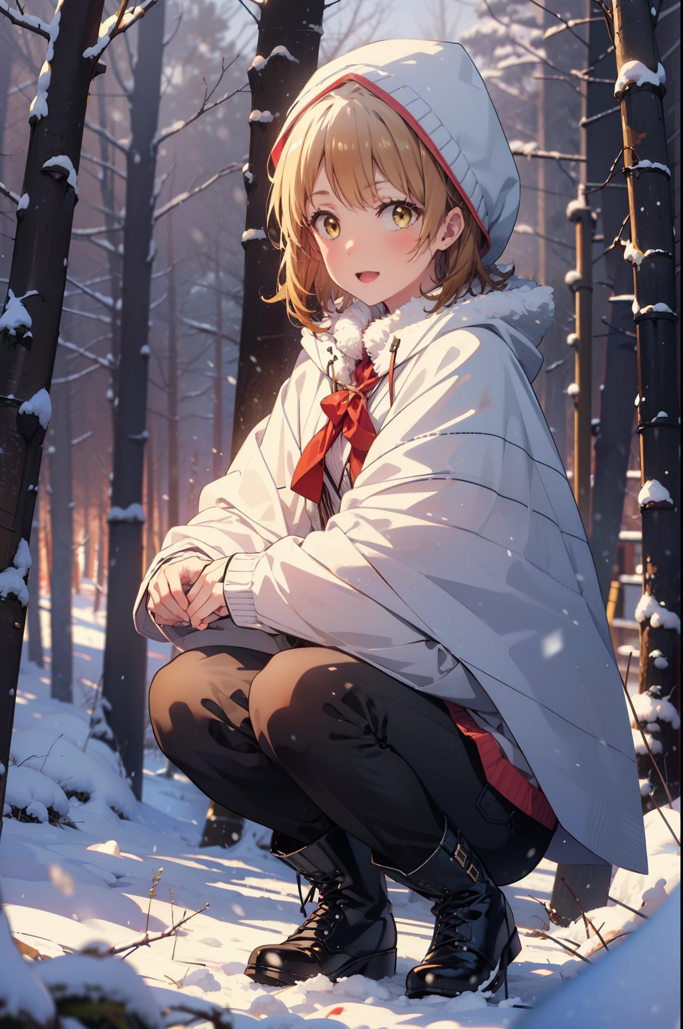 irohaisshiki, iroha isshiki, short hair, brown hair, (Brown eyes:1.5), smile,
Open your mouth,snow, fire, Outdoor, boots, snowing, From the side, wood, suitcase, Cape, Blurred, Food up, forest, White handbags, nature,  Squat, Mouth closed, フードed Cape, winter, Written boundary depth, Black shoes, red Cape break looking at viewer, Upper Body, whole body, break Outdoor, forest, nature, break (masterpiece:1.2), highest quality, High resolution, unity 8k wallpaper, (shape:0.8), (Fine and beautiful eyes:1.6), Highly detailed face, Perfect lighting, Highly detailed CG, (Perfect hands, Perfect Anatomy),