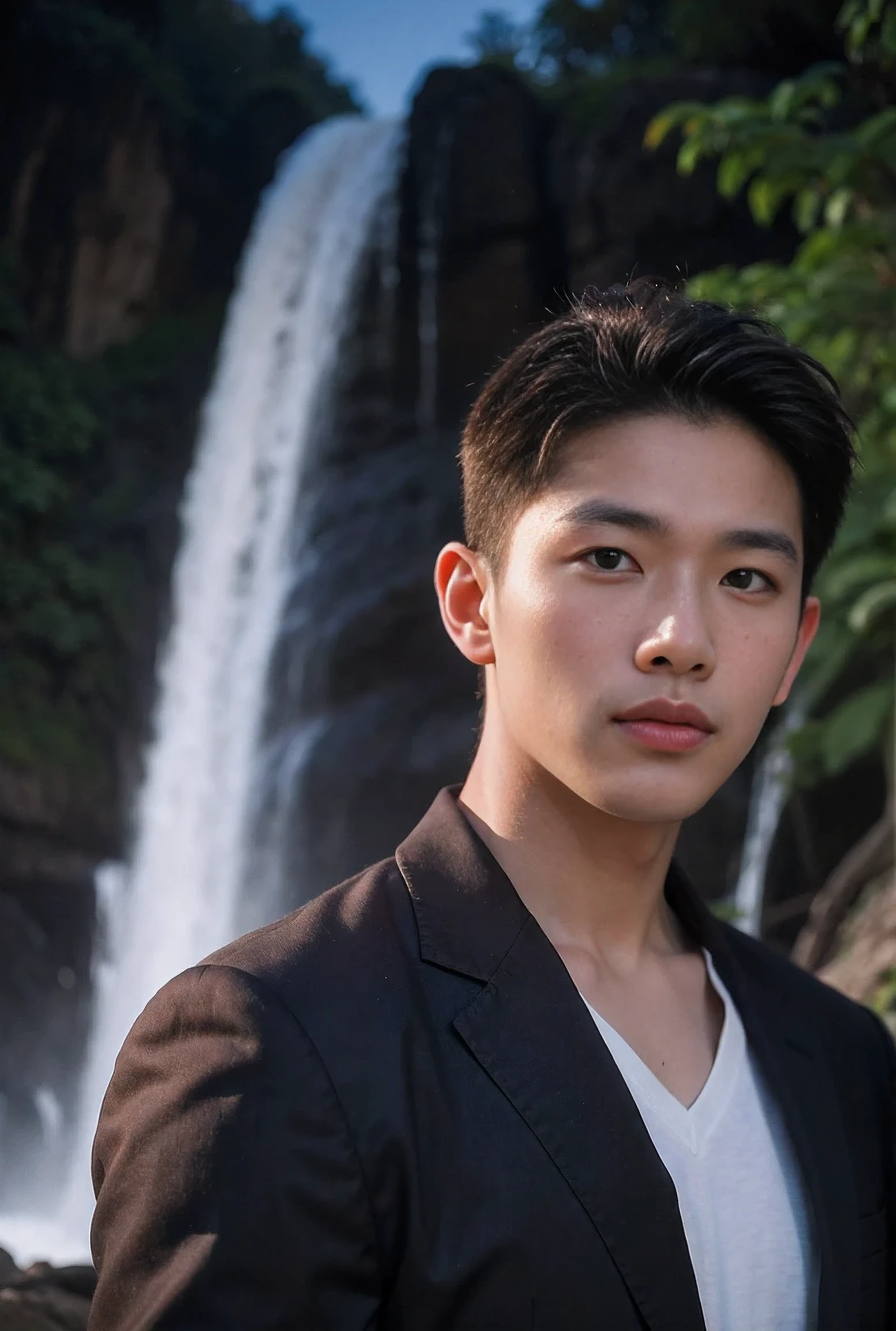 Real, Raw, Photo, Realistic photography (portrait) ,handsome thai men short hair , night , waterfall