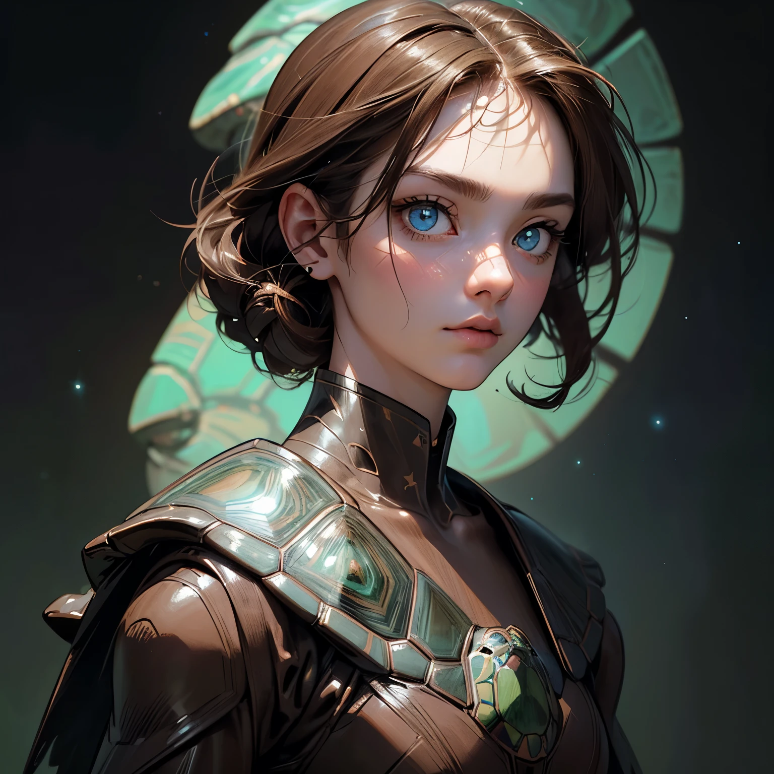 Perfect Masterpiece, Highest Quality, Perfect Picture Quality, 8K, Upper Body Lens, (Front Portrait: 1.5), Delicate Face, Face Close-up, Woman (Turtle: 1.2), Strange Glow Clear Eyes, Magic Clear Eyes, Star Eyes, Brown Coiled Hair, Holographic Phantom Brown Tortoise Background, Digital Art, Flat Illustration, Color Illustration, Minimalist Style, Brown Armor Costume