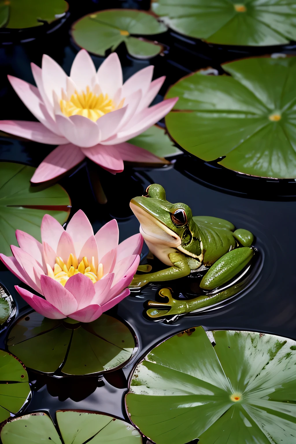 green frog enjoying the sun on a pink water lily